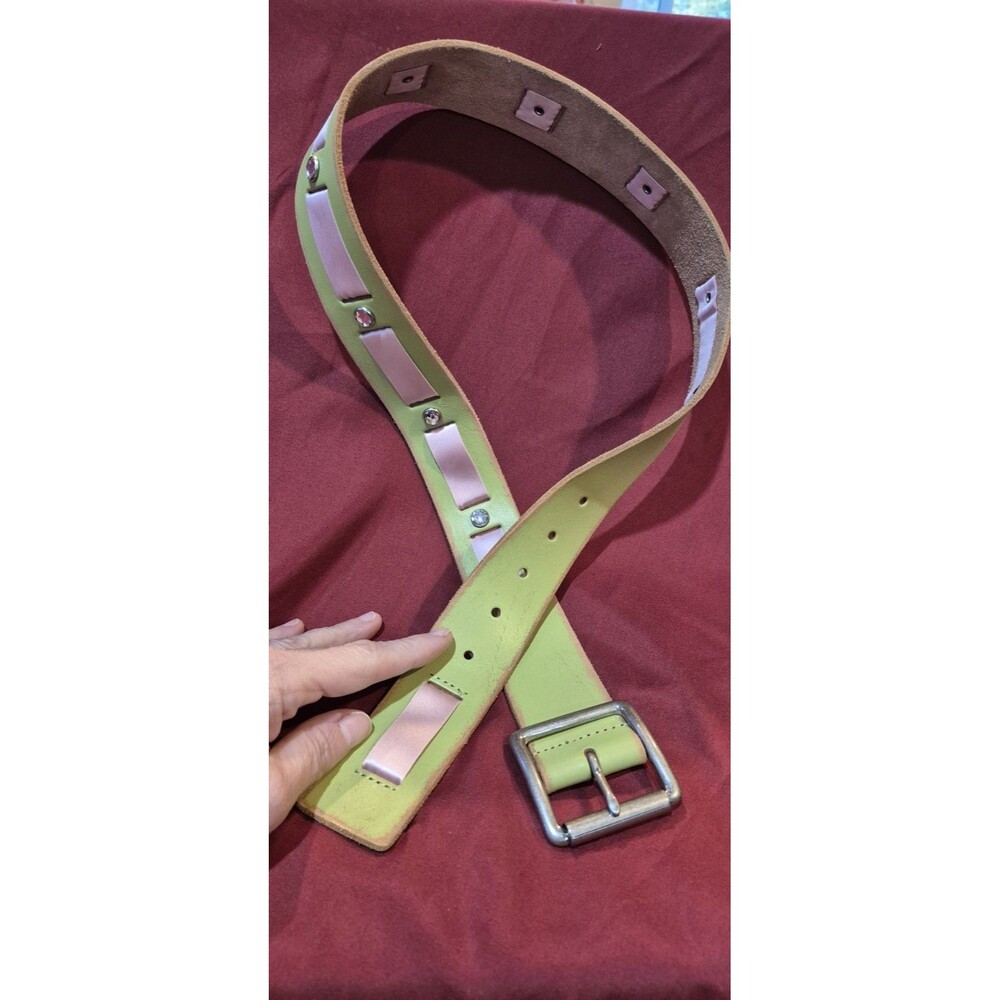 New Linea Pelle Med Leather Belt Lime Green Pink Woven Ribbon Rhinestone Accent